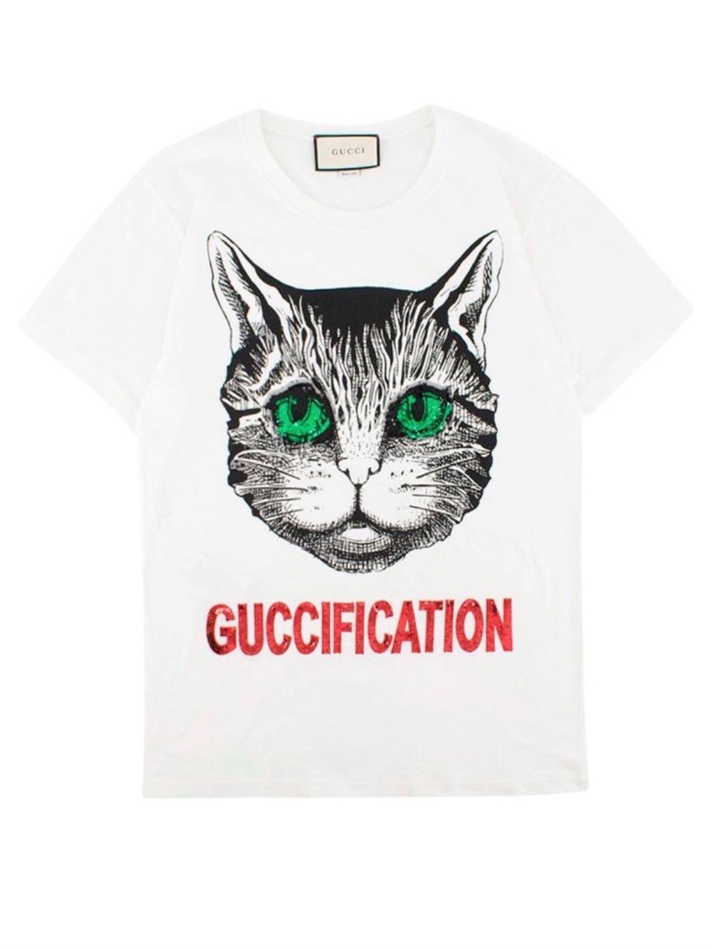 Gucci White Cat Graphic Tee with Green Eyes and Red 'GUCCIFICATION' Print